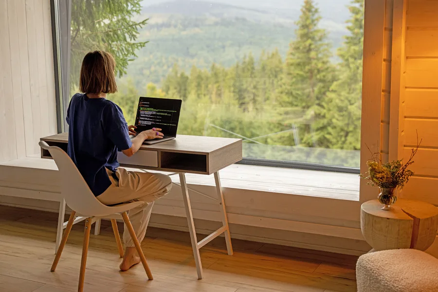 Frau arbeitet am Laptop aus der Ferne im Haus an der Natur