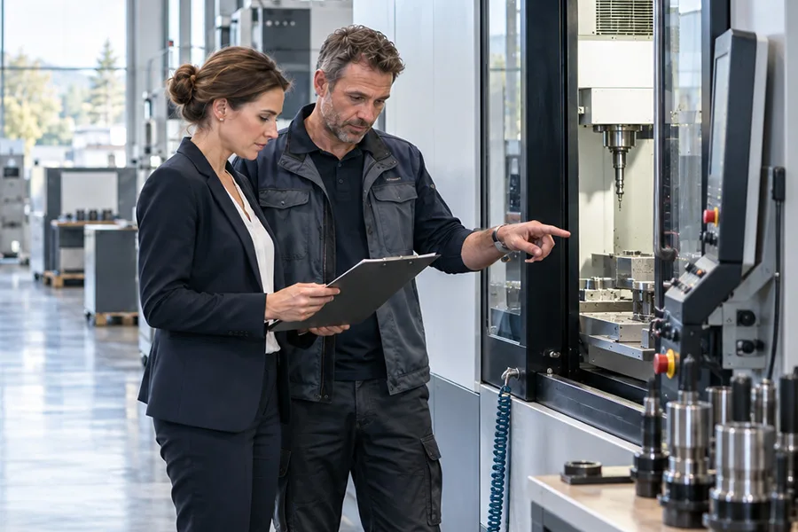 Geschäftsführerin und Produktionsleiter prüfen gemeinsam eine neue CNC-Maschine in einer modernen Produktionshalle